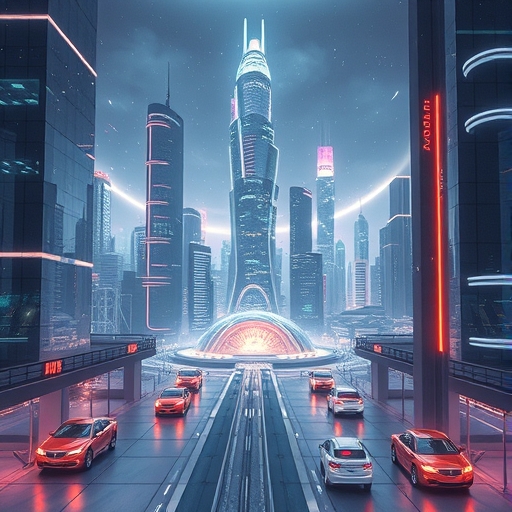 一座未來感十足的城市展示著人工智慧技術