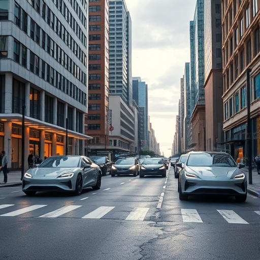 未來派電動車在城市街道上