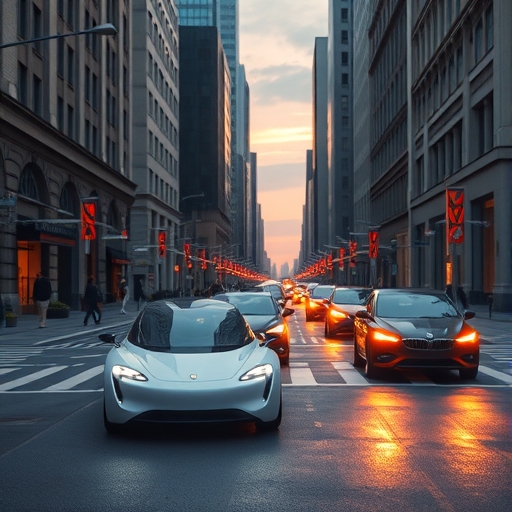 未來派電動車在城市街道上