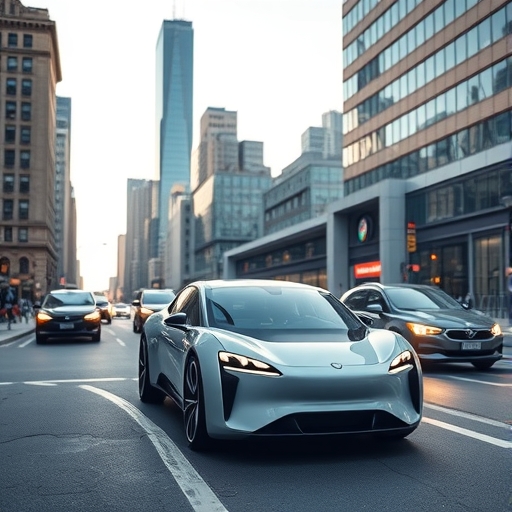 未來派電動車在城市街道上