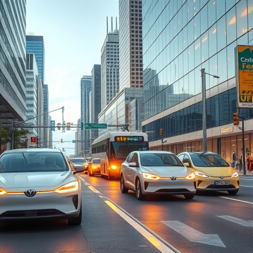未來派電動車在城市街道上