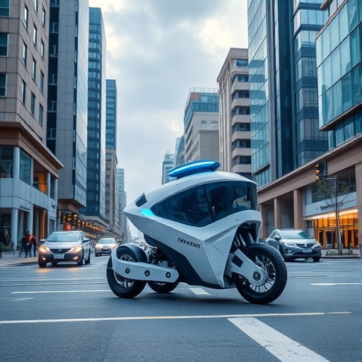 一輛未來感十足的機器人計程車在城市道路上行駛