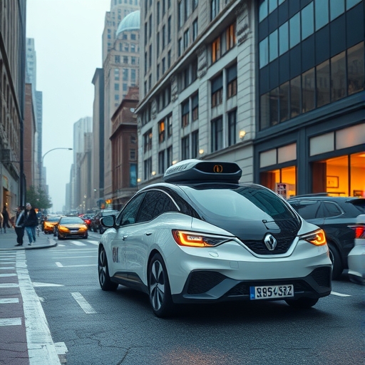 未來感自動駕駛計程車在城市中行駛