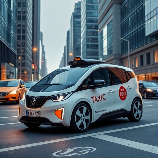 未來感自動駕駛計程車在城市中行駛