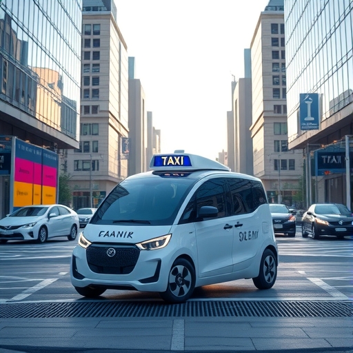 未來感自動駕駛計程車在城市中行駛