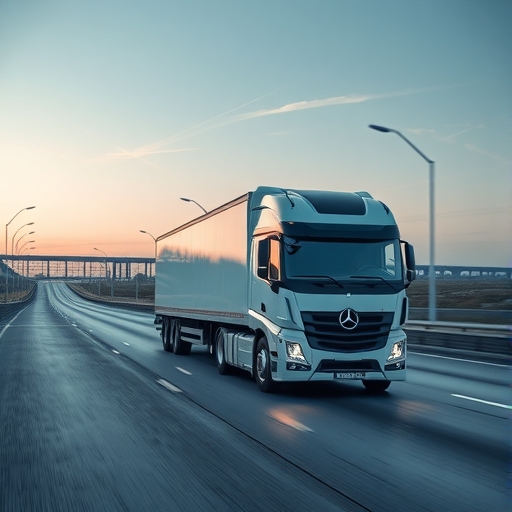 未來主義自動駕駛卡車在高速公路上行駛