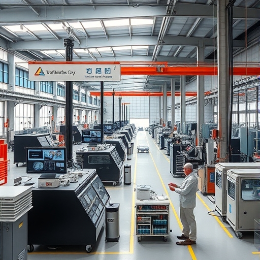 一座現代化的工廠內部，有先進的自動化設備運作