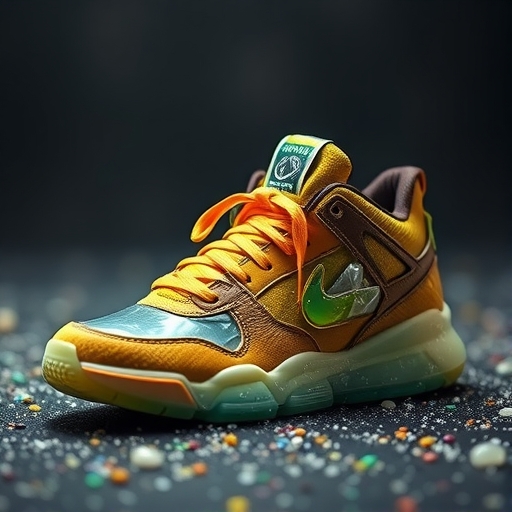 一雙由塑膠廢棄物製成的運動鞋正在展示