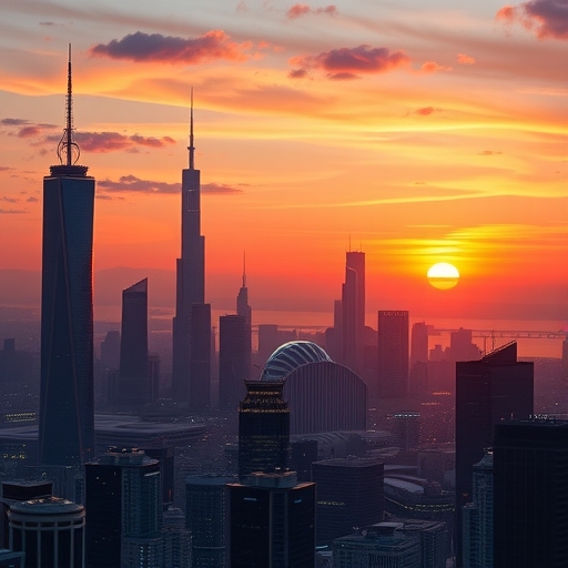 夕陽下的未來城市天際線