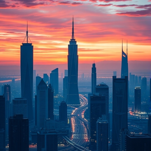 夕陽下的未來城市天際線