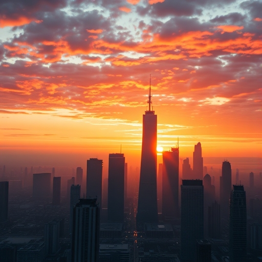 夕陽下的未來城市天際線