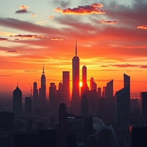 夕陽下的未來城市天際線