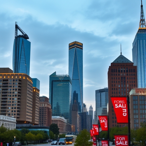 現代城市天際線與待售標誌