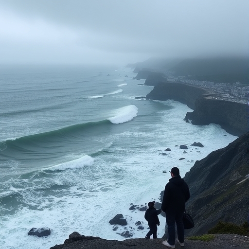 一片被警戒線包圍的日本海岸線