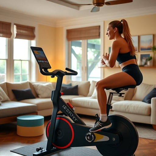 一位女子在家中使用Peloton進行健身訓練