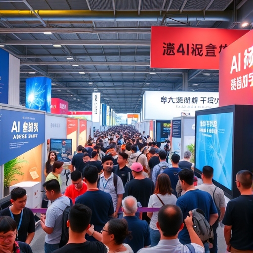 一群人在AI展覽中參觀展位