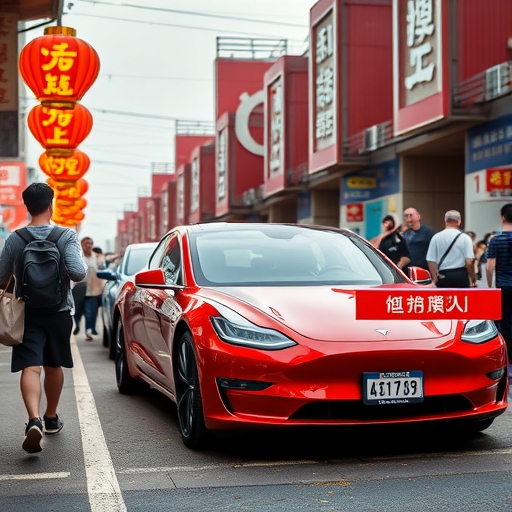 一輛特斯拉電動車在繁忙的中國市場中行駛