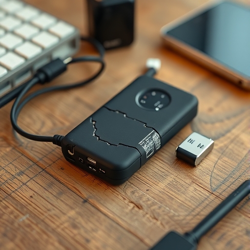 一個破損的行動電源放在桌上