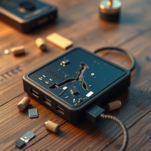 桌上放著一個破損的行動電源