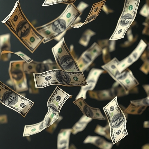 美元紙幣在空中飛翔