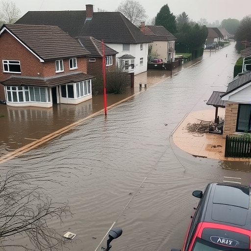 淹水的街道和受損的房屋