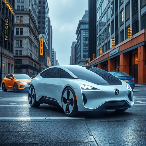 未來感的自動駕駛汽車在城市中行駛