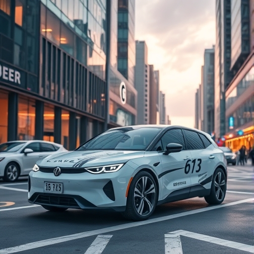 未來感的自動駕駛汽車在城市中行駛