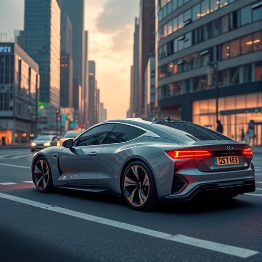 未來感的自動駕駛汽車在城市中行駛