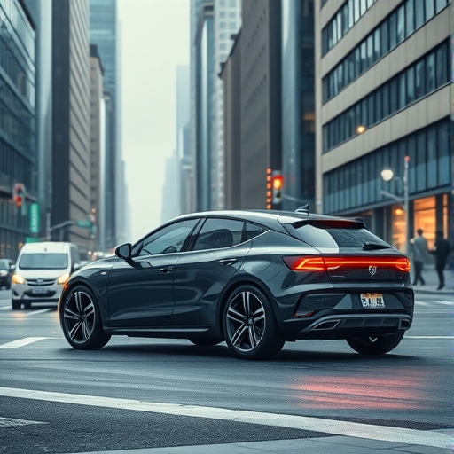 未來感的自動駕駛汽車在城市中行駛