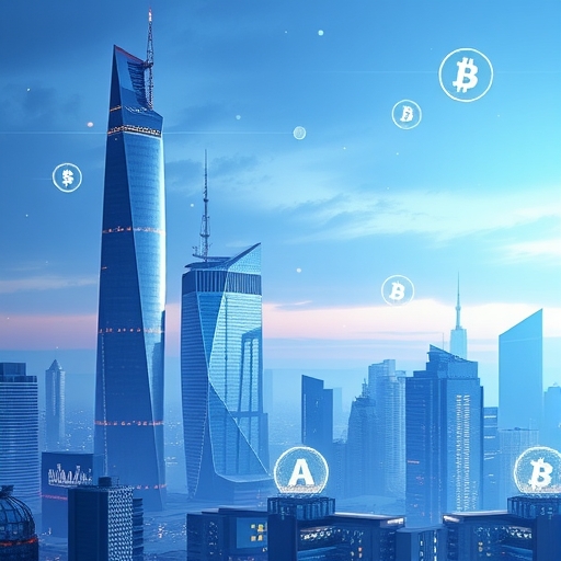 未來感城市天際線，展示各種加密貨幣圖示