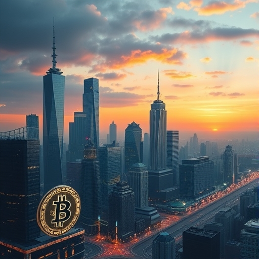 未來城市天際線，展示加密符號與現代建築融合的景象