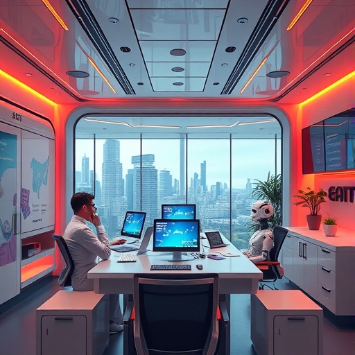 製造業中員工與AI協作的未來感辦公室