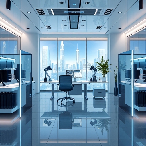 一個未來感的辦公室，員工與AI互動