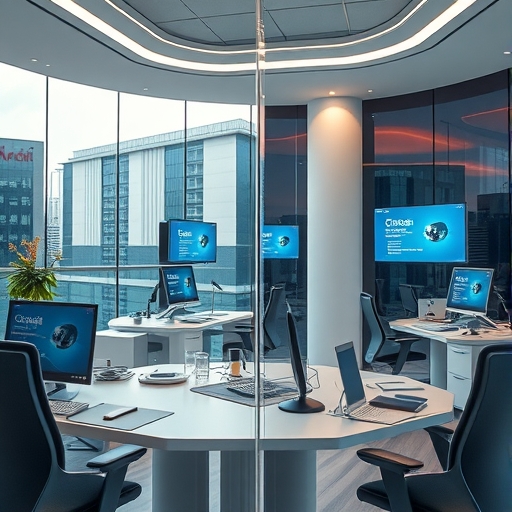 金融業中員工與AI系統互動的未來感辦公室