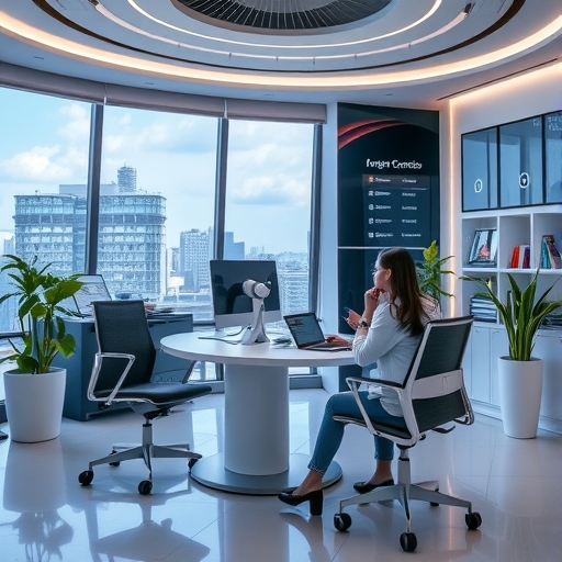 人力資源公司員工與AI互動的未來感辦公室