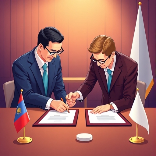 貿易協定簽署儀式的插圖