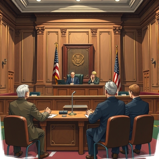 法庭內部，法官們正在審理案件