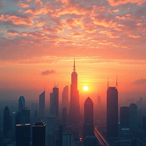 未來感城市天際線在日落時分