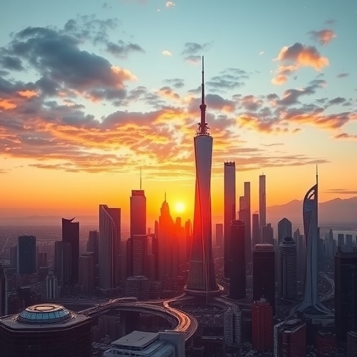 未來感城市天際線在日落時分