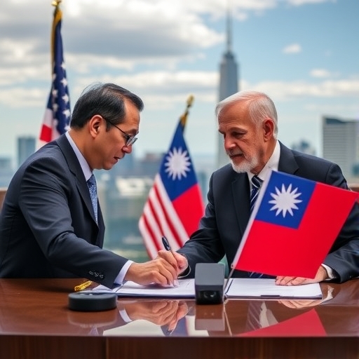 台灣與美國官員簽署貿易協議的瞬間
