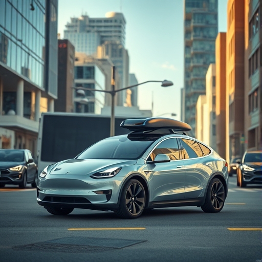 一輛特斯拉自動駕駛車輛在城市景觀中行駛