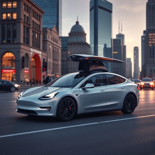 一輛特斯拉自動駕駛車輛在城市景觀中行駛