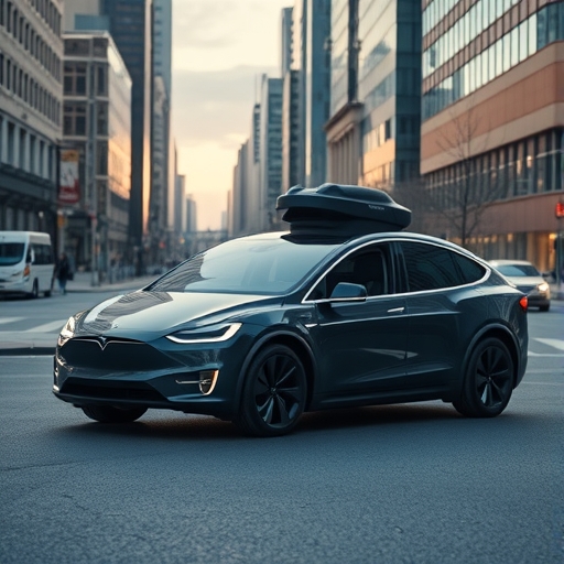 一輛特斯拉自動駕駛車輛在城市景觀中行駛