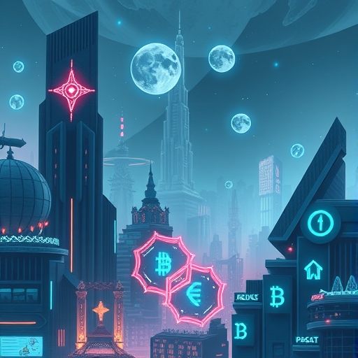 一座未來感十足的城市，融合了加密貨幣符號