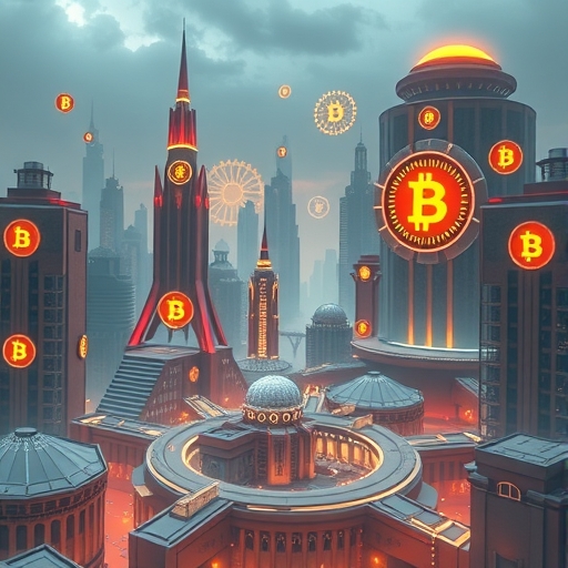 加密貨幣符號點綴的未來城市景觀