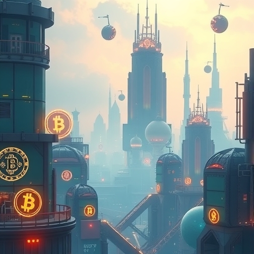 未來城市中充滿加密貨幣符號的景象