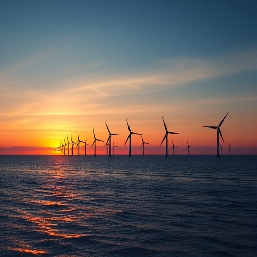 一個大型離岸風電場在日落時分