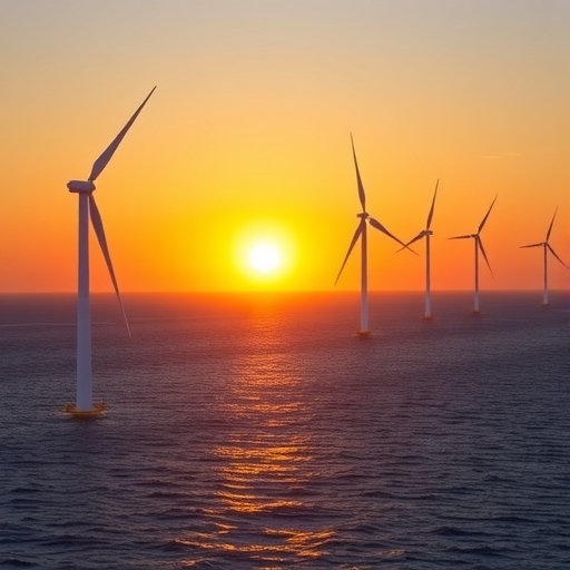 大型離岸風電場在日落時的全景