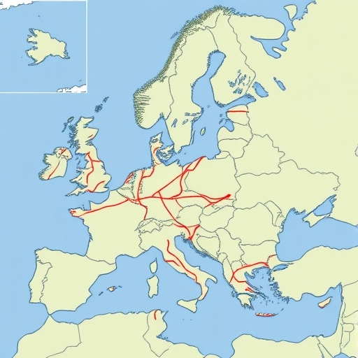 一張突顯貿易路線的歐洲地圖