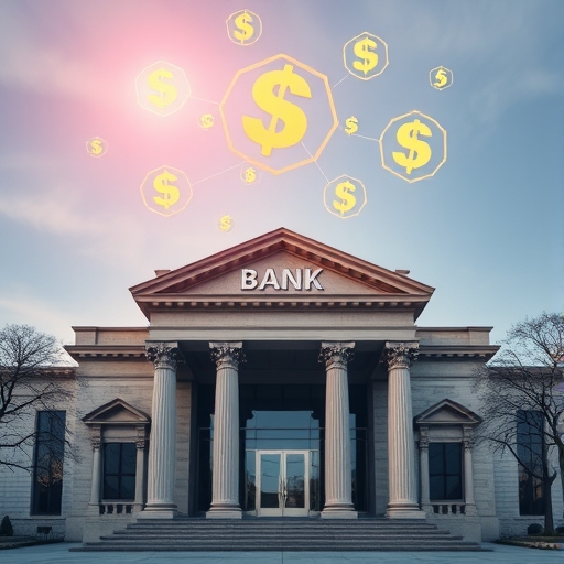 傳統銀行建築融合數位貨幣符號